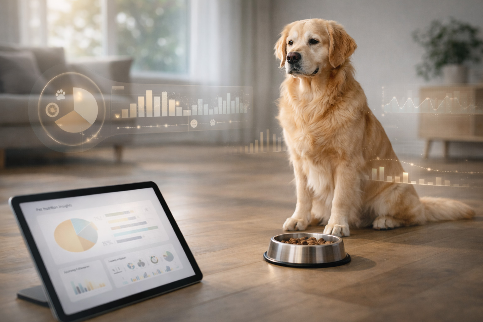 AI analyzing pet nutrition and behavior data to provide simple and actionable health insights