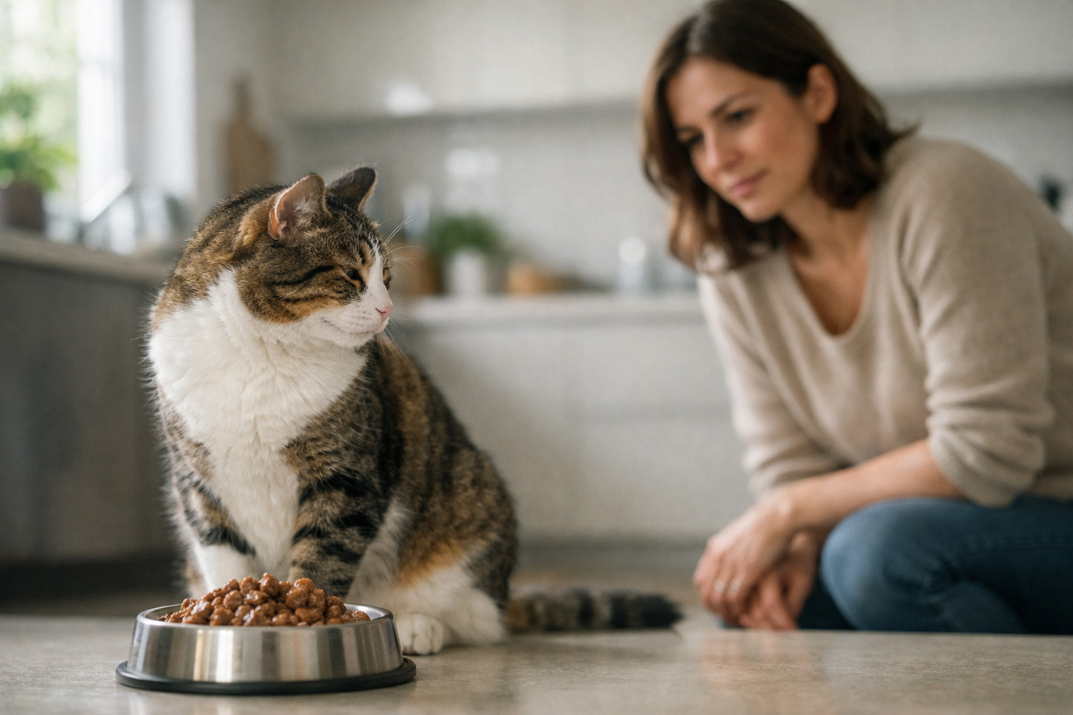 A concerned pet owner watching their cat refuse to eat food in a modern home environment