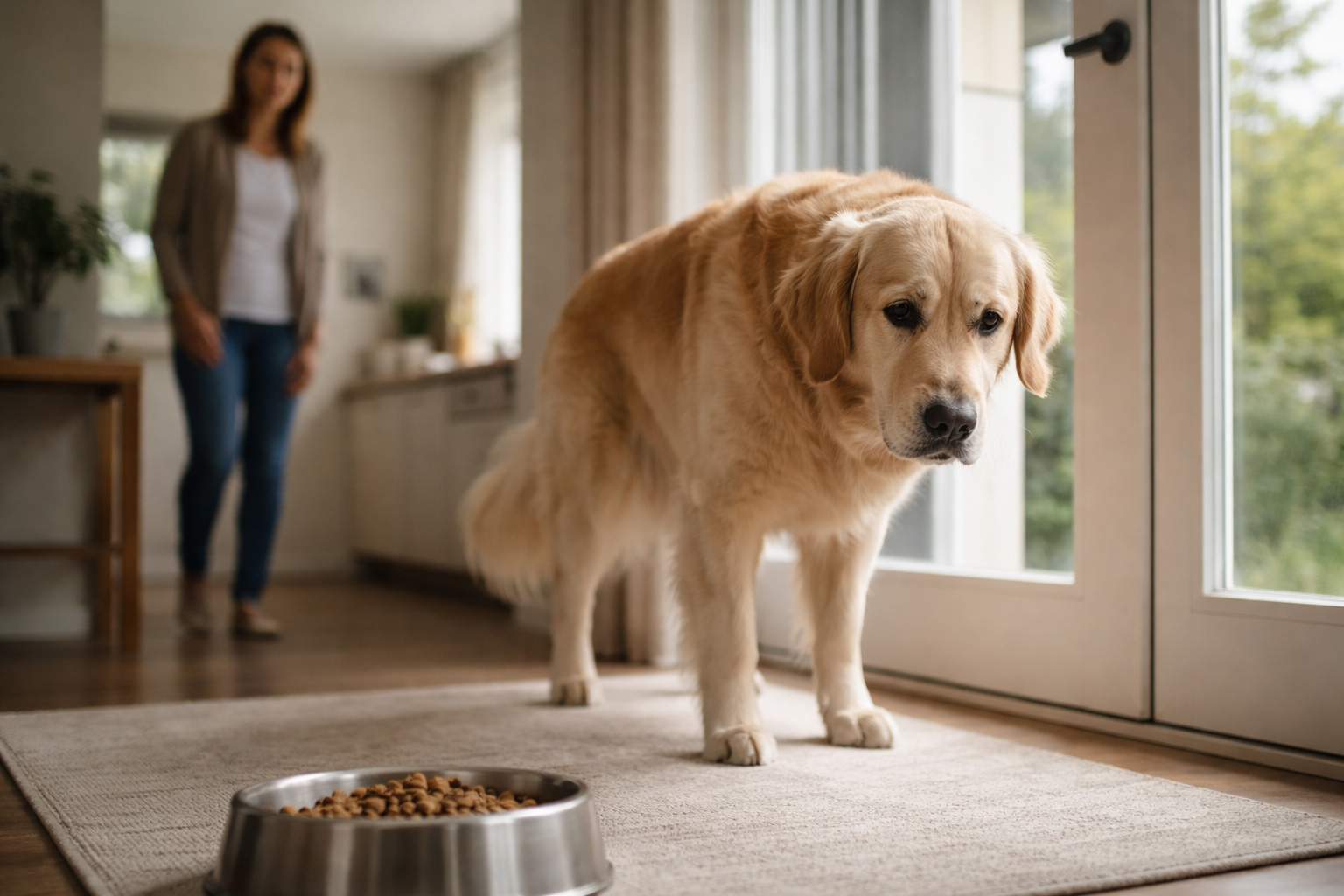 Dog showing mild digestive discomfort at home near a food bowl, early signs related to dog diarrhea causes and treatment