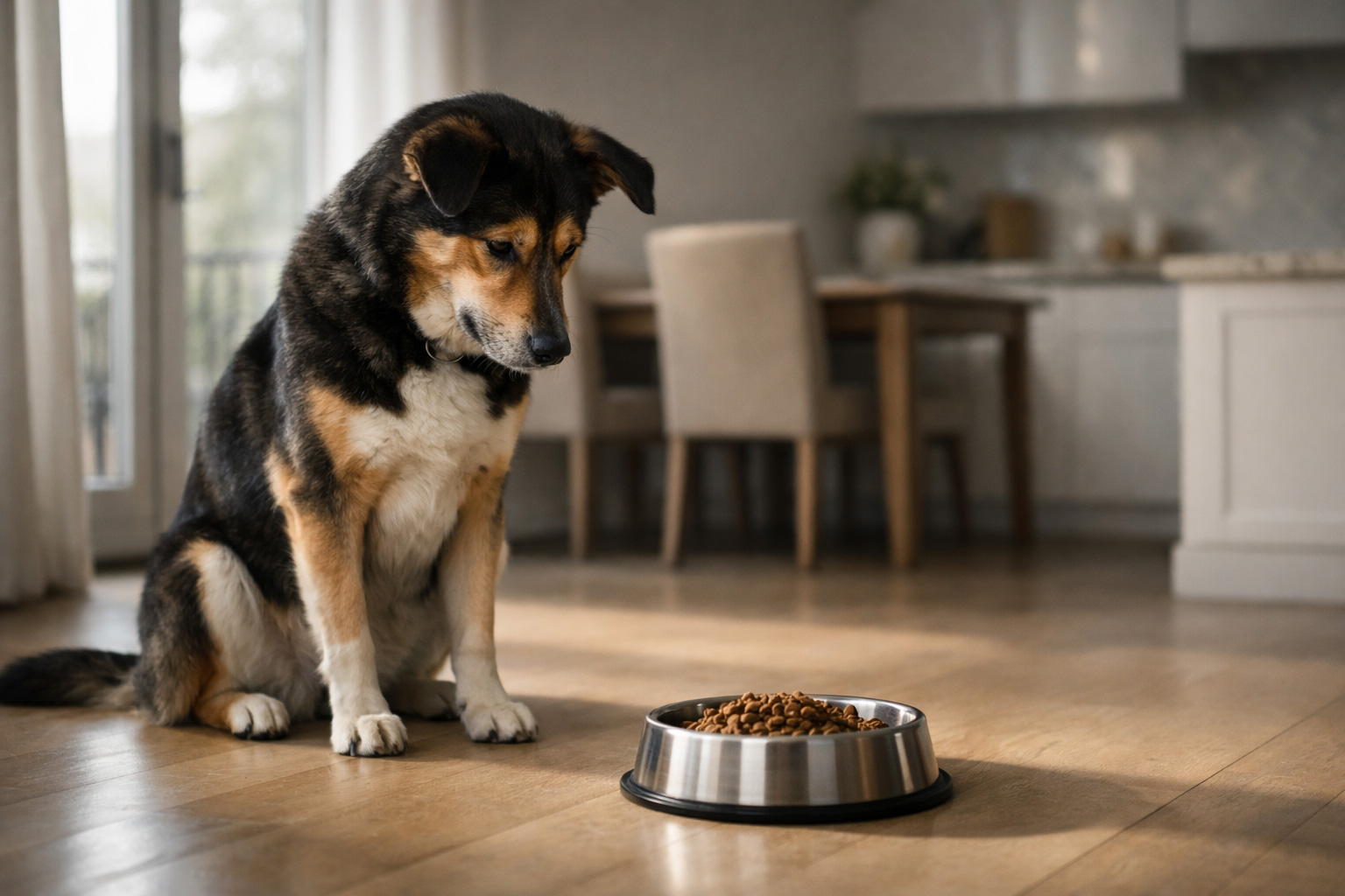 A calm dog sitting next to its food bowl at a scheduled feeding time in a clean modern home.