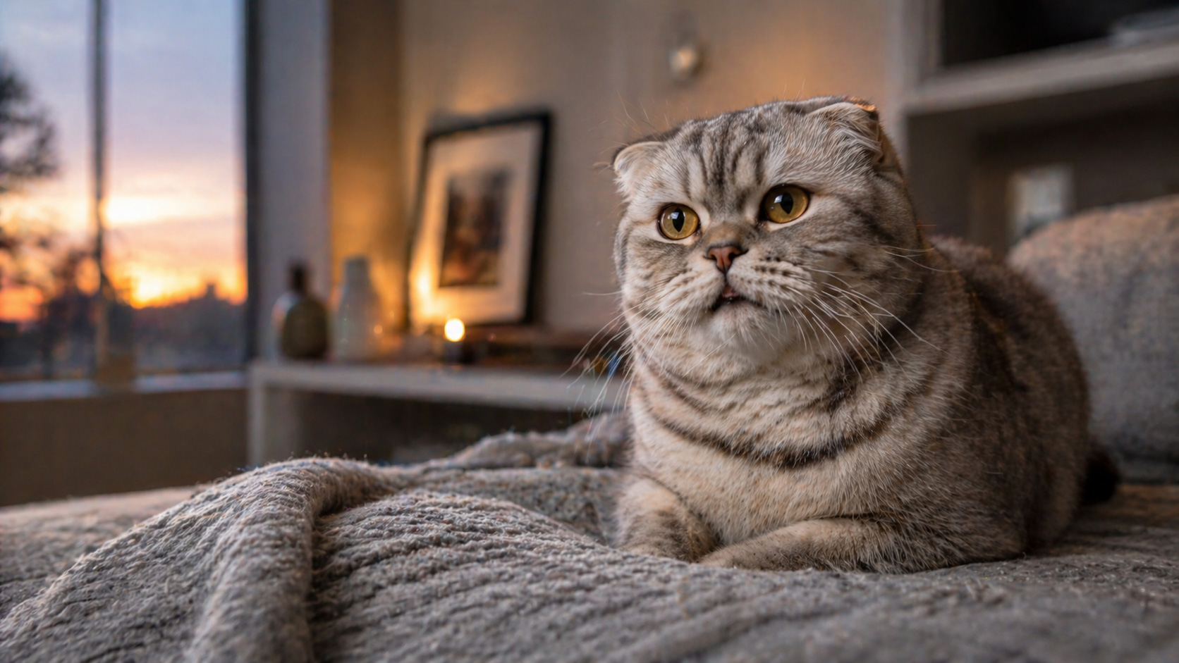 A Scottish Fold Shorthair cat in a modern home, showing subtle signs of discomfort before coughing up a hairball.
