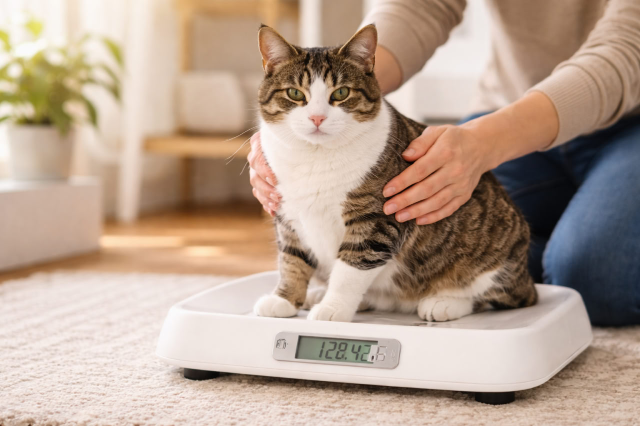 Cat sitting on a scale at home to check weight