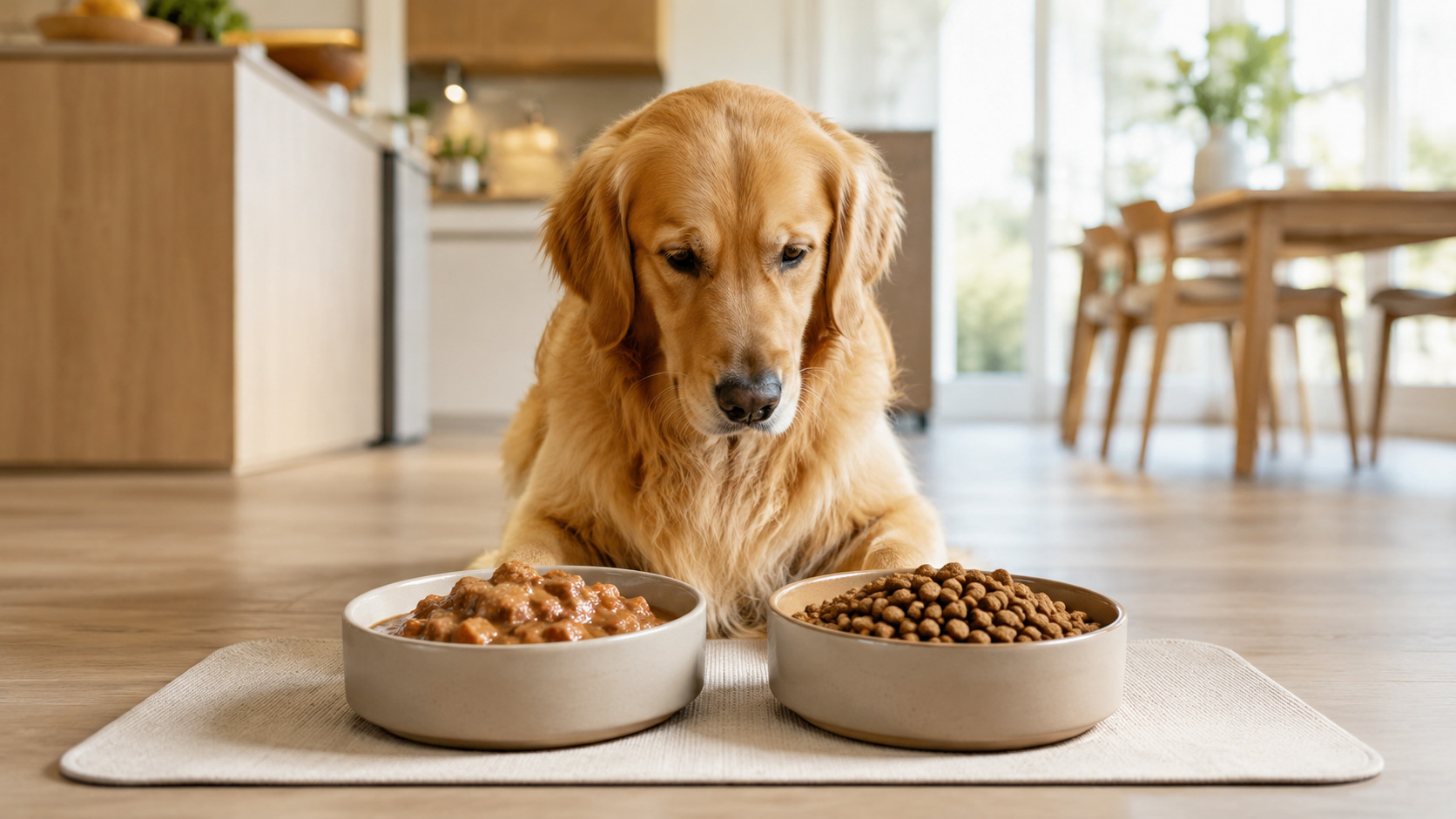 Golden Retriever choosing between wet dog food and dry kibble in a modern kitchen, showing a wet vs dry dog food comparison for 2026