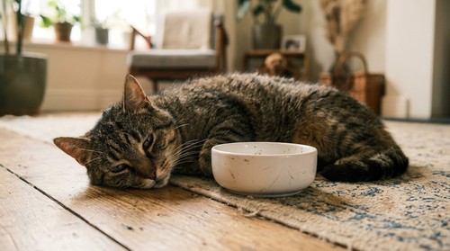 Cat showing signs of poor nutrition from low-quality cat food