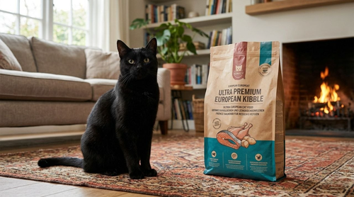 Black cat sitting next to a bag of premium cat food