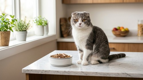 Scottish Fold cat beside a food bowl, quality cat nutrition guide by FAMMO