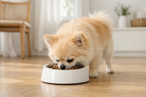 Small breed dog eating kibble from a bowl on a wooden floor in a bright home, illustrating proper dog food for small breeds.