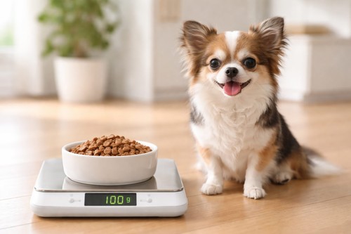 Small dog sitting beside a bowl of kibble measured on a digital kitchen scale showing 100 grams for portion control.
