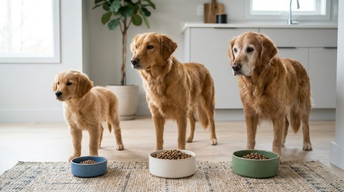 Comparison of puppy, adult dog, and senior dog feeding portions in separate bowls 