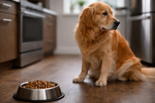 Golden Retriever refusing food beside a full dog bowl