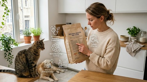 Pet owner comparing pet food manufacturers by nutrition expertise, plant ownership and transparency.