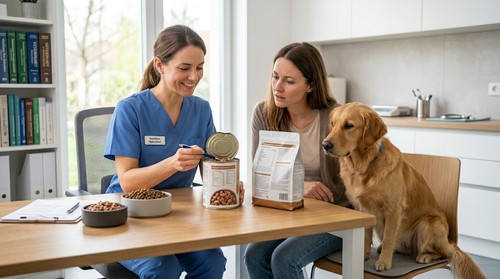 Veterinarian reviewing wet and dry dog food labels with a dog owner