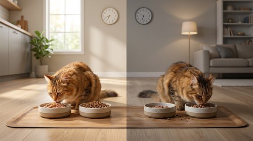 Indoor cats eating measured portions of wet and dry cat food from separate bowls