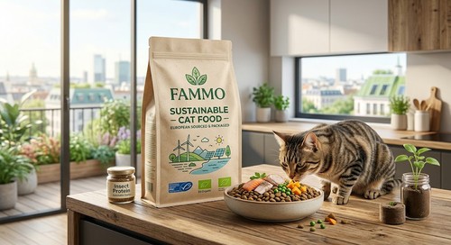 "FAMMO's guide to sustainable and eco-friendly cat food brands in Europe, featuring recycled packaging and insect protein sources."