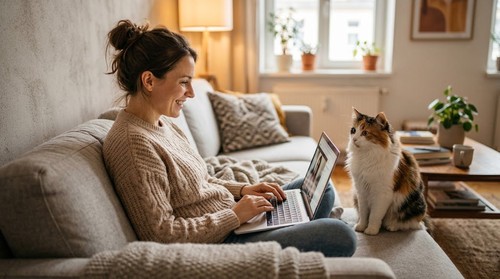 Cat owner comparing food options using feeding and nutrition information