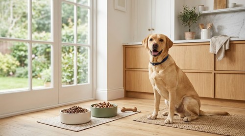 Yellow Labrador Retriever sitting in a bright kitchen next to two bowls of dry dog food and a bone.