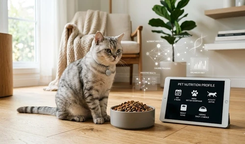 A grey tabby cat sits next to a bowl of food and a tablet displaying a 'PET NUTRITION PROFILE'. Above the tablet, futuristic data visualization diagrams show metrics like 'CALORIE TRACKING', 'DIGESTIVE HEALTH', and 'BALANCED DIET'.