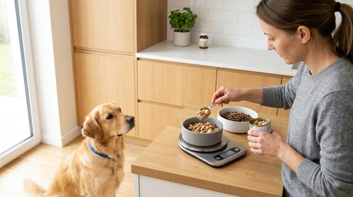 Dog owner weighing wet and dry dog food portions on a kitchen scale