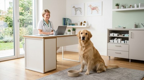 Calm golden retriever sitting in a modern veterinary consultation room beside a neutral dog food bowl, representing veterinary-focused dog nutrition in Europe.